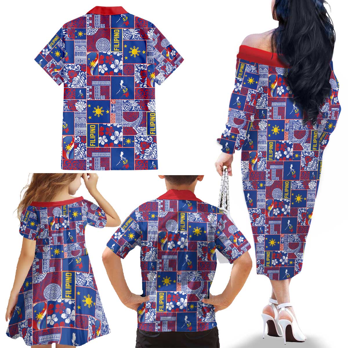 Filipino Maligayang Pasko Family Matching Off The Shoulder Long Sleeve Dress and Hawaiian Shirt Pacific Patchwork Xmas Vibes - Polynesian Pride