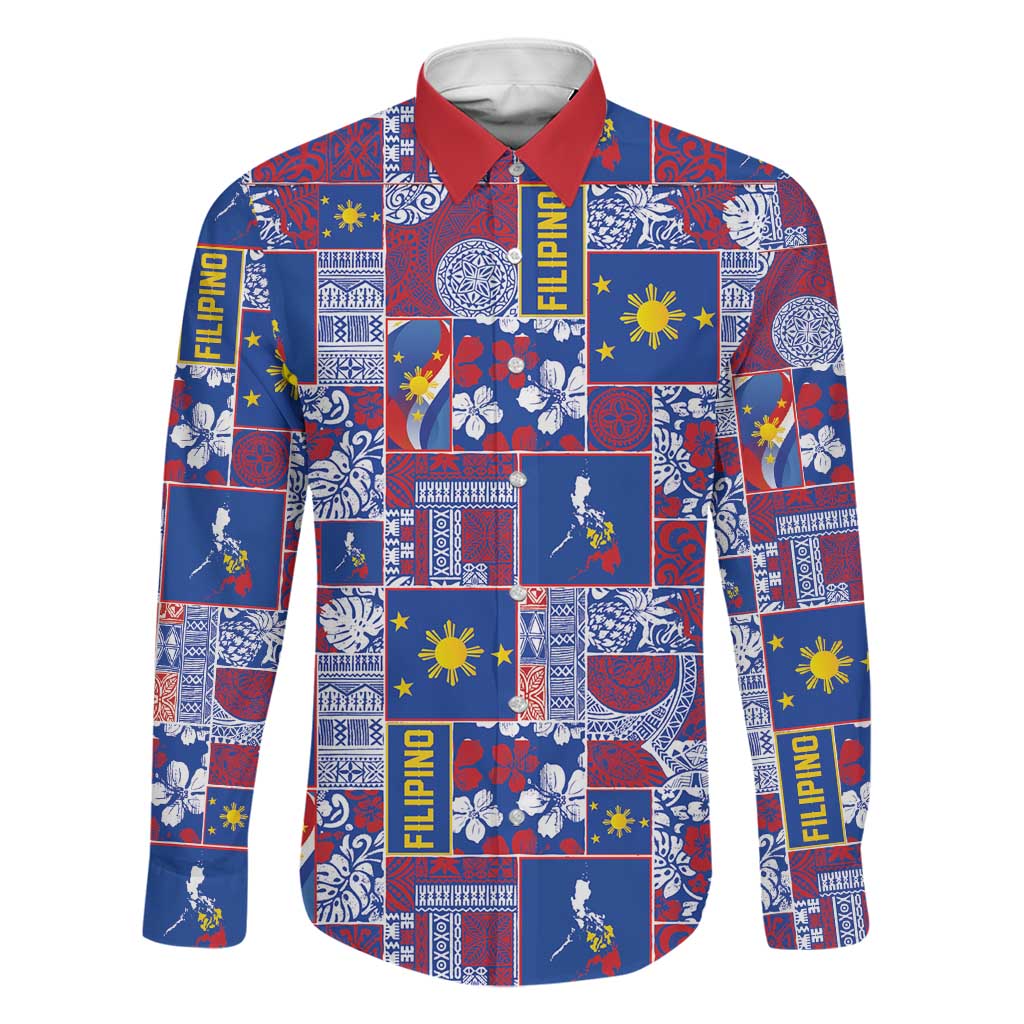 Filipino Maligayang Pasko Family Matching Puletasi and Hawaiian Shirt Pacific Patchwork Xmas Vibes LT9 Dad's Shirt - Long Sleeve Blue - Polynesian Pride