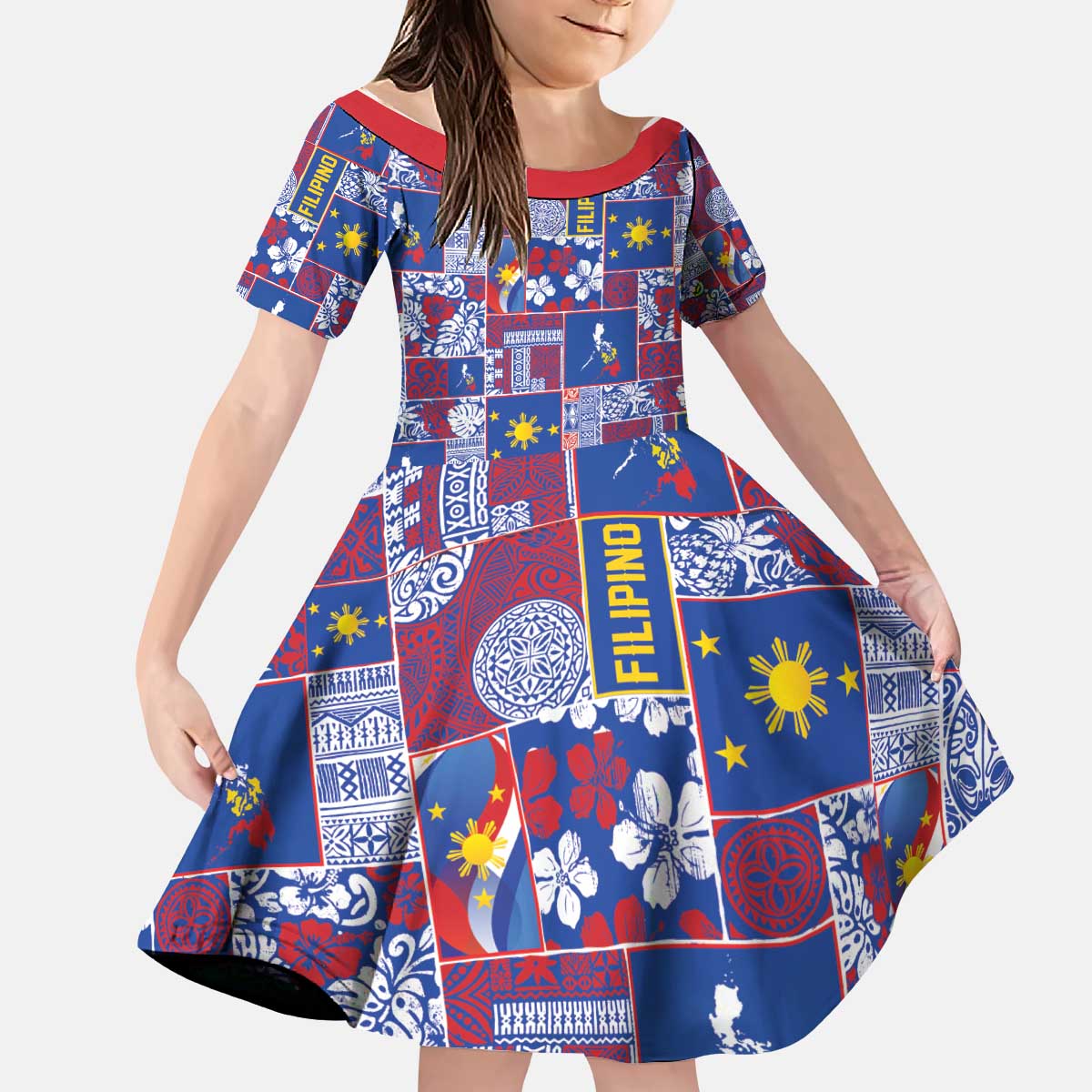 Filipino Maligayang Pasko Kid Short Sleeve Dress Pacific Patchwork Xmas Vibes - Polynesian Pride