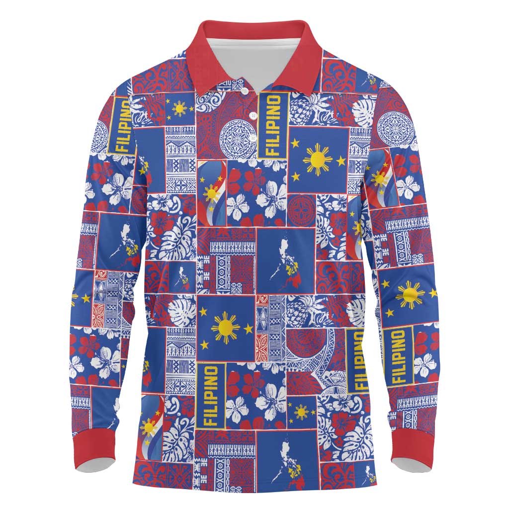 Filipino Maligayang Pasko Long Sleeve Polo Shirt Pacific Patchwork Xmas Vibes LT9 Blue - Polynesian Pride