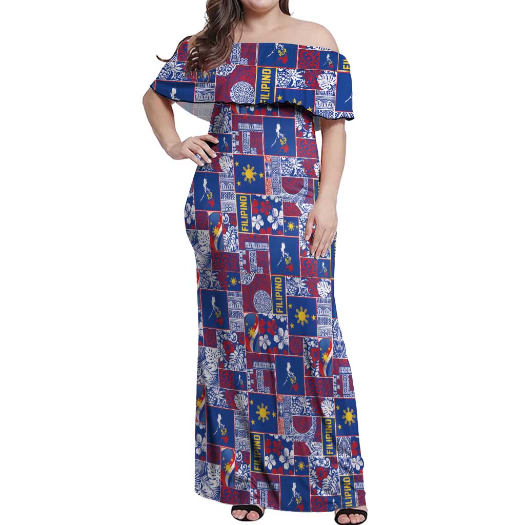 Filipino Maligayang Pasko Off Shoulder Maxi Dress Pacific Patchwork Xmas Vibes - Polynesian Pride