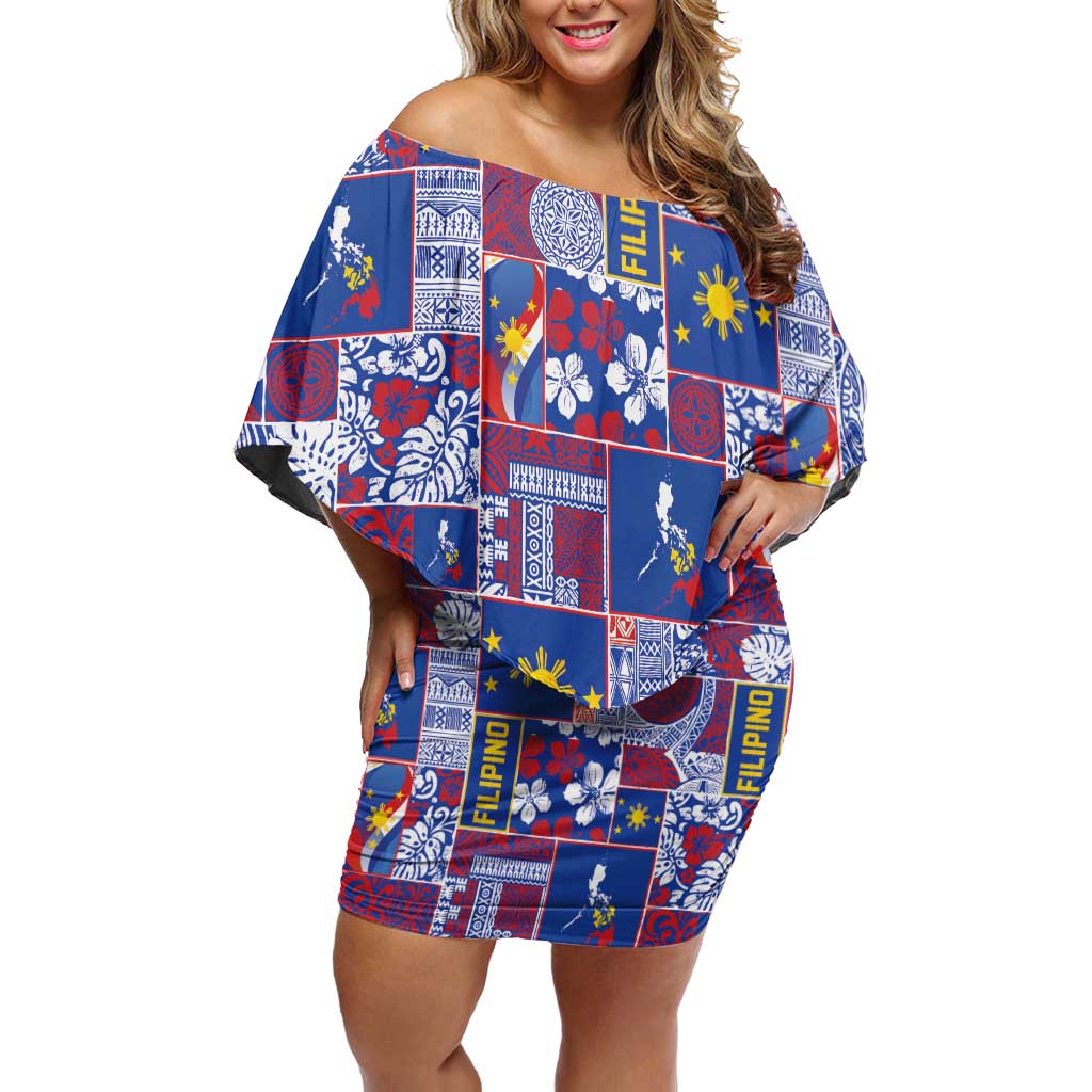 Filipino Maligayang Pasko Off Shoulder Short Dress Pacific Patchwork Xmas Vibes - Polynesian Pride