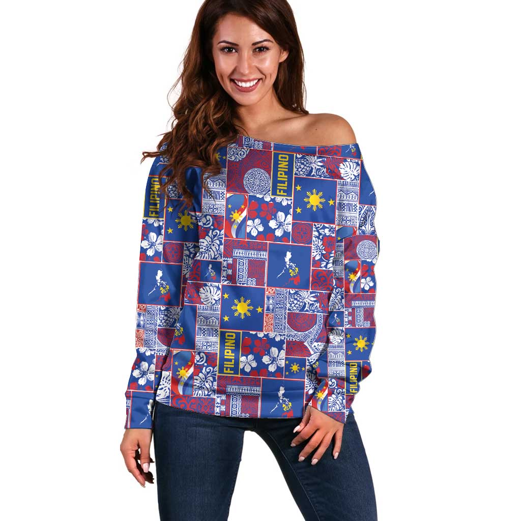 Filipino Maligayang Pasko Off Shoulder Sweater Pacific Patchwork Xmas Vibes LT9 Women Blue - Polynesian Pride