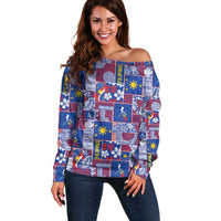 Filipino Maligayang Pasko Off Shoulder Sweater Pacific Patchwork Xmas Vibes LT9 Women Blue - Polynesian Pride