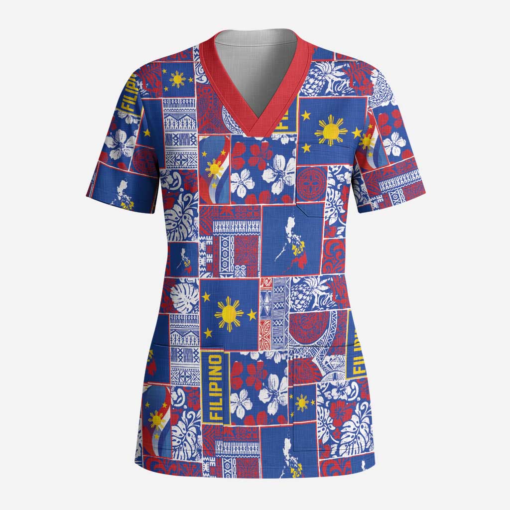 Filipino Maligayang Pasko Scrub Top Pacific Patchwork Xmas Vibes LT9 Adult Blue - Polynesian Pride