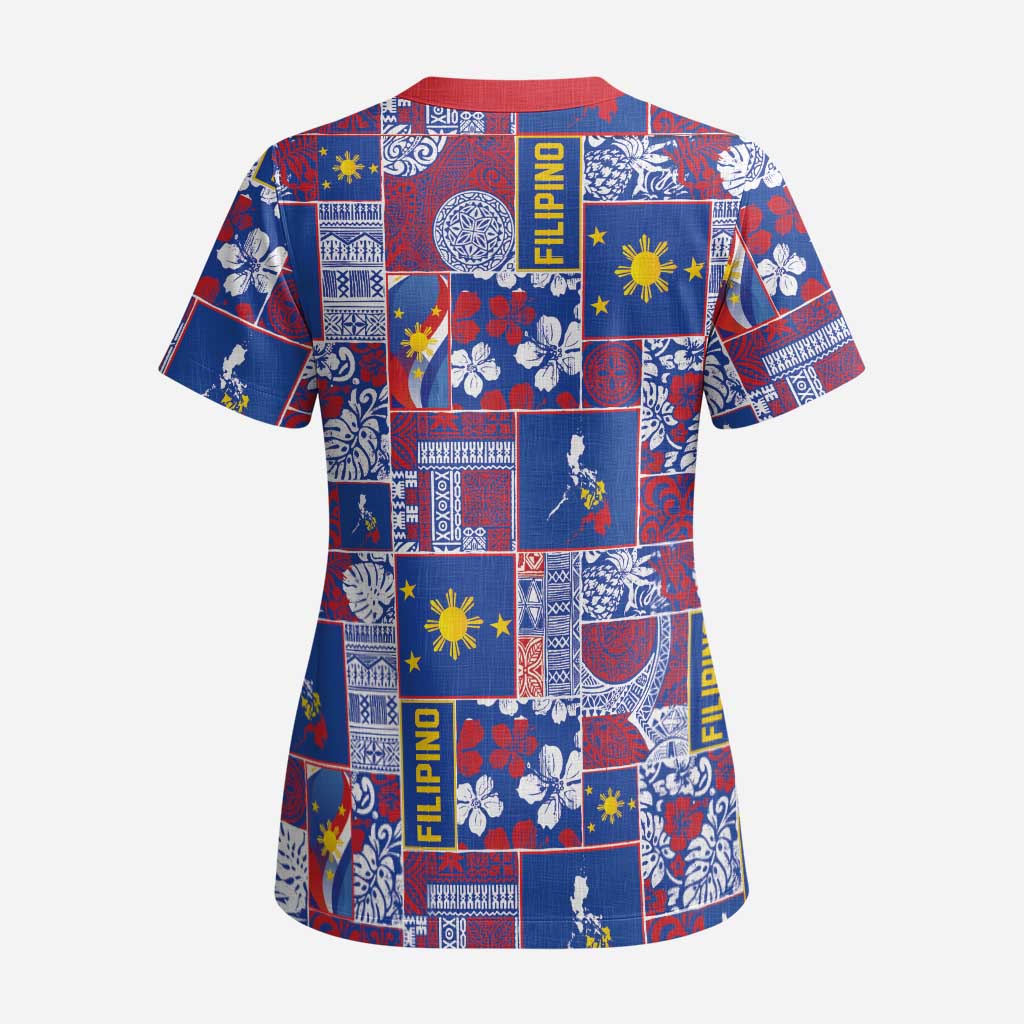 Filipino Maligayang Pasko Scrub Top Pacific Patchwork Xmas Vibes LT9 - Polynesian Pride