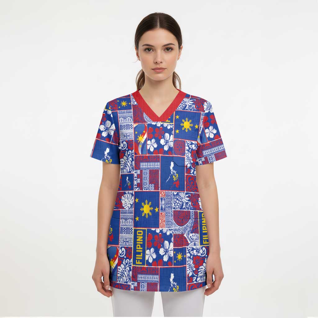 Filipino Maligayang Pasko Scrub Top Pacific Patchwork Xmas Vibes LT9 - Polynesian Pride