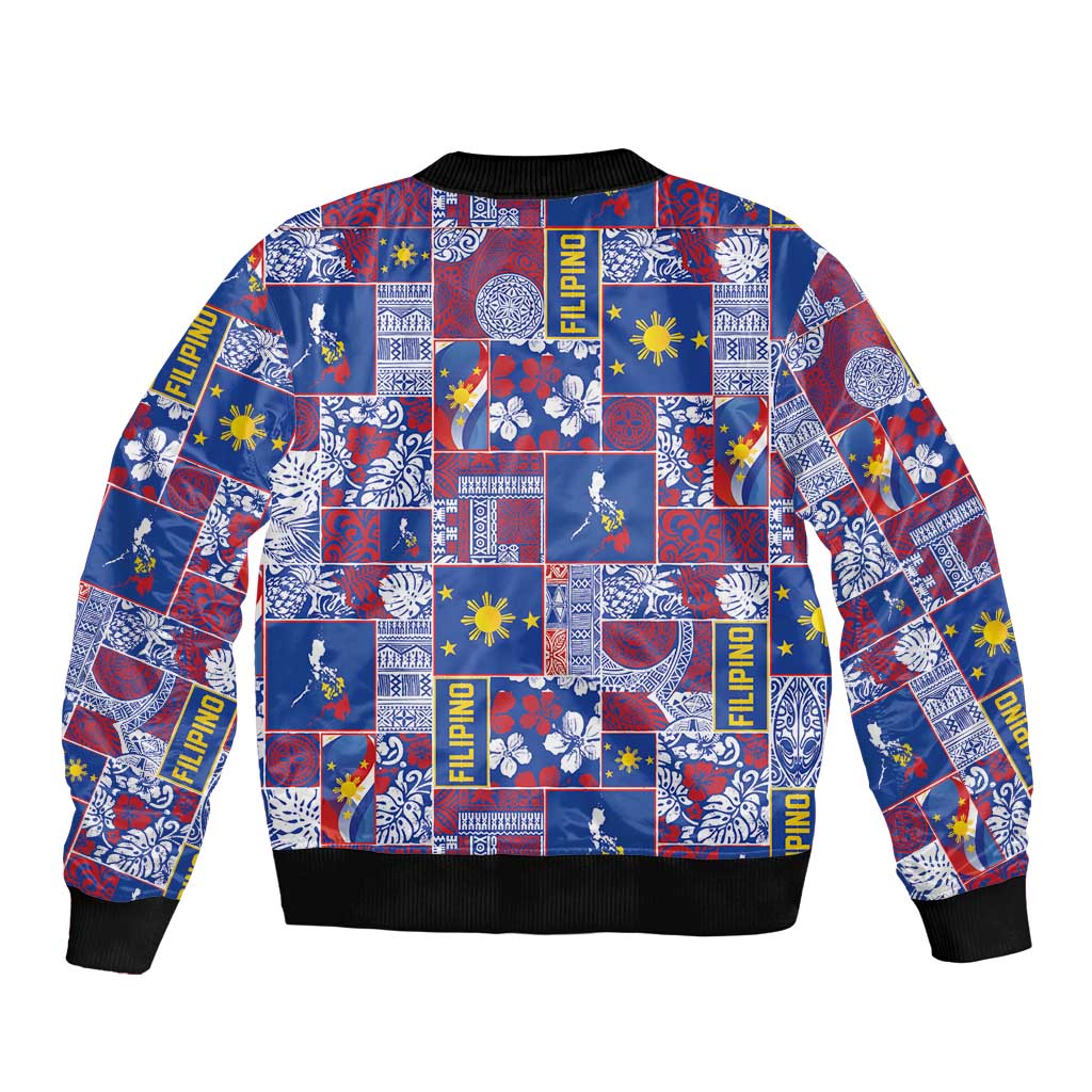Filipino Maligayang Pasko Sleeve Zip Bomber Jacket Pacific Patchwork Xmas Vibes LT9 - Polynesian Pride