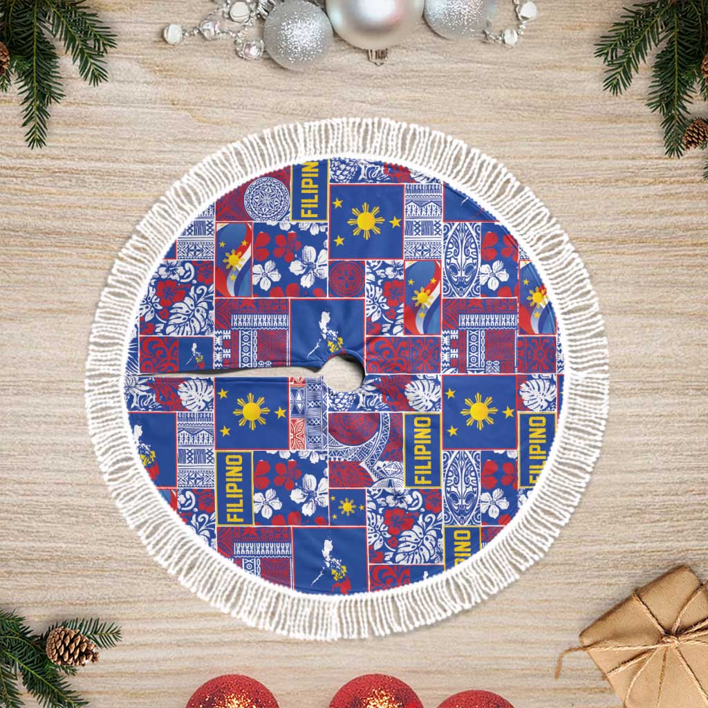 Filipino Maligayang Pasko Tree Skirt Pacific Patchwork Xmas Vibes LT9 Fringed Blue - Polynesian Pride
