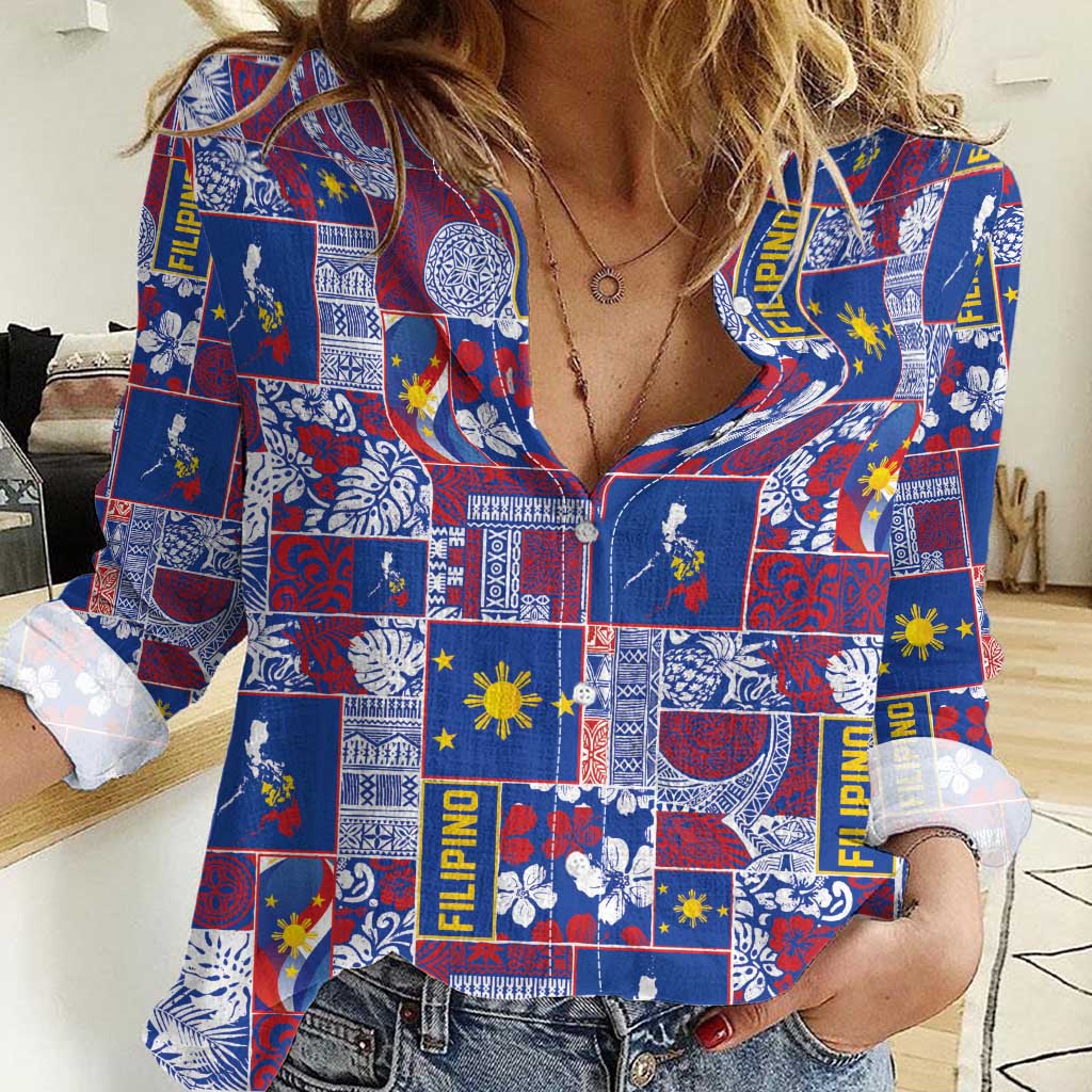 Filipino Maligayang Pasko Women Casual Shirt Pacific Patchwork Xmas Vibes LT9 Female Blue - Polynesian Pride
