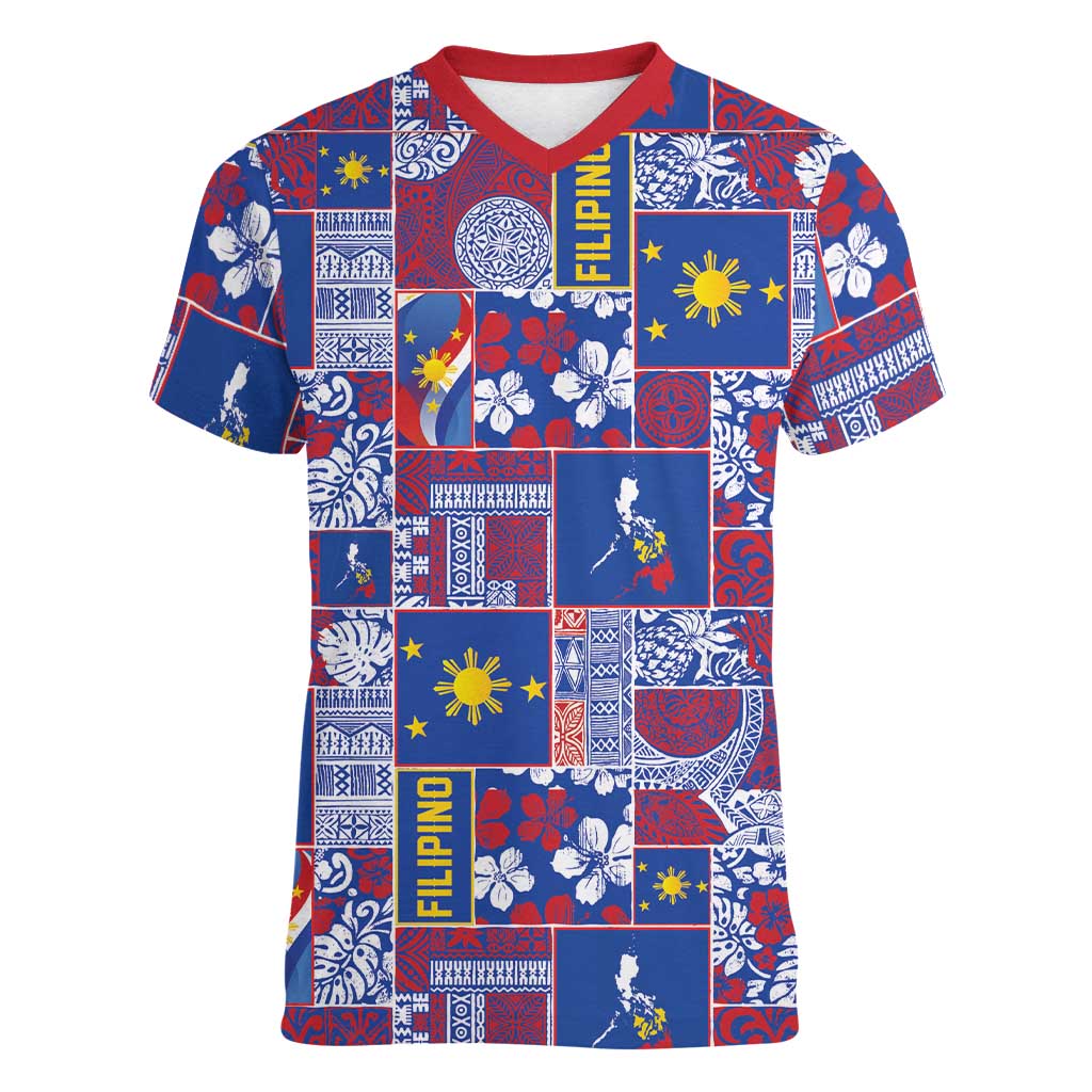 Filipino Maligayang Pasko Women V-Neck T-Shirt Pacific Patchwork Xmas Vibes - Polynesian Pride