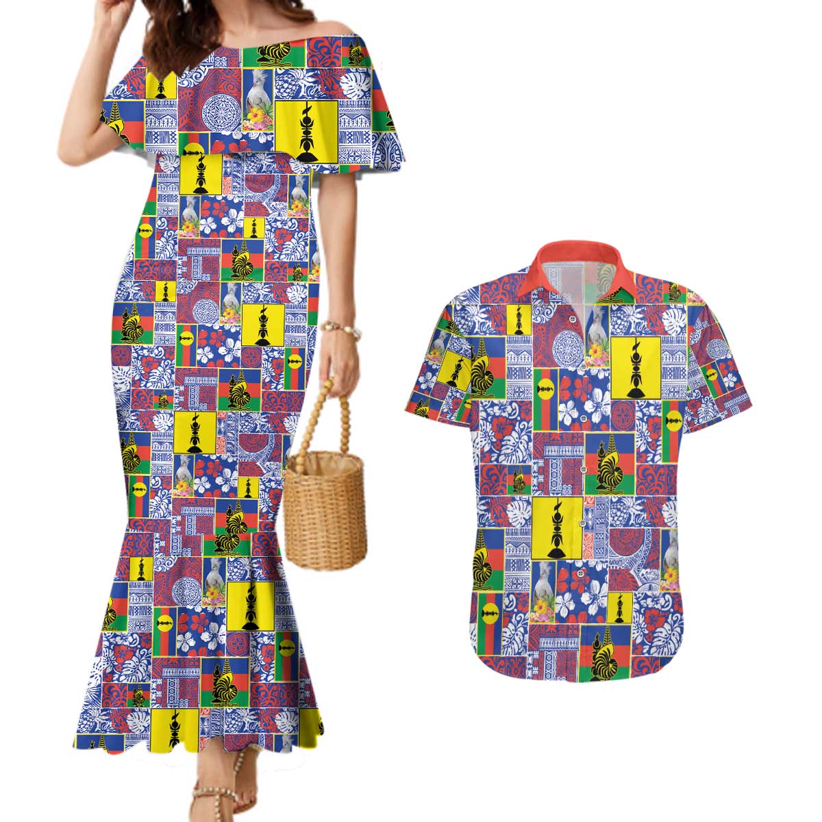 New Caledonia Joyeux Noel Couples Matching Mermaid Dress and Hawaiian Shirt Pacific Patchwork Xmas Vibes - Polynesian Pride