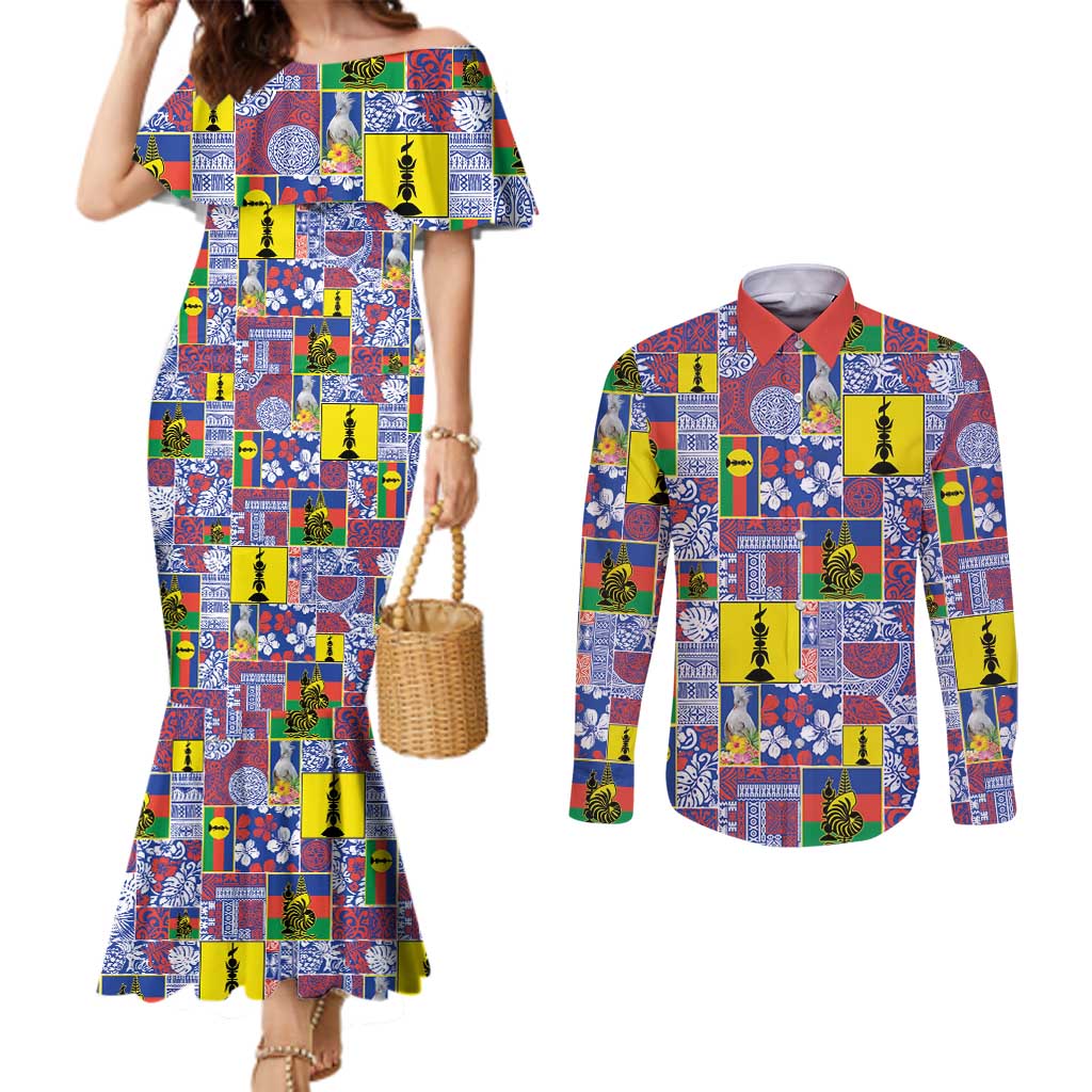 New Caledonia Joyeux Noel Couples Matching Mermaid Dress and Long Sleeve Button Shirt Pacific Patchwork Xmas Vibes - Polynesian Pride