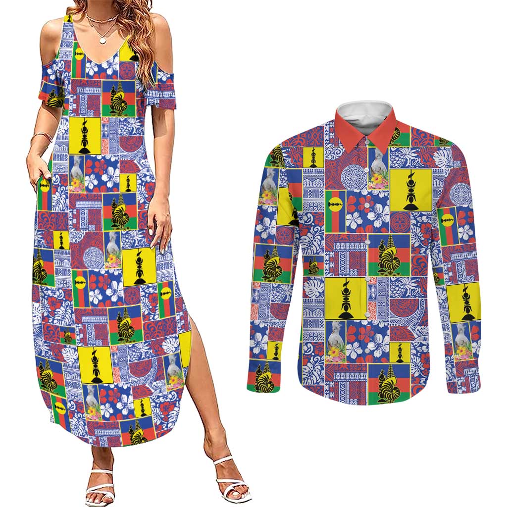 New Caledonia Joyeux Noel Couples Matching Summer Maxi Dress and Long Sleeve Button Shirt Pacific Patchwork Xmas Vibes - Polynesian Pride