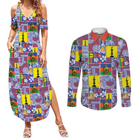 New Caledonia Joyeux Noel Couples Matching Summer Maxi Dress and Long Sleeve Button Shirt Pacific Patchwork Xmas Vibes LT9 Blue - Polynesian Pride
