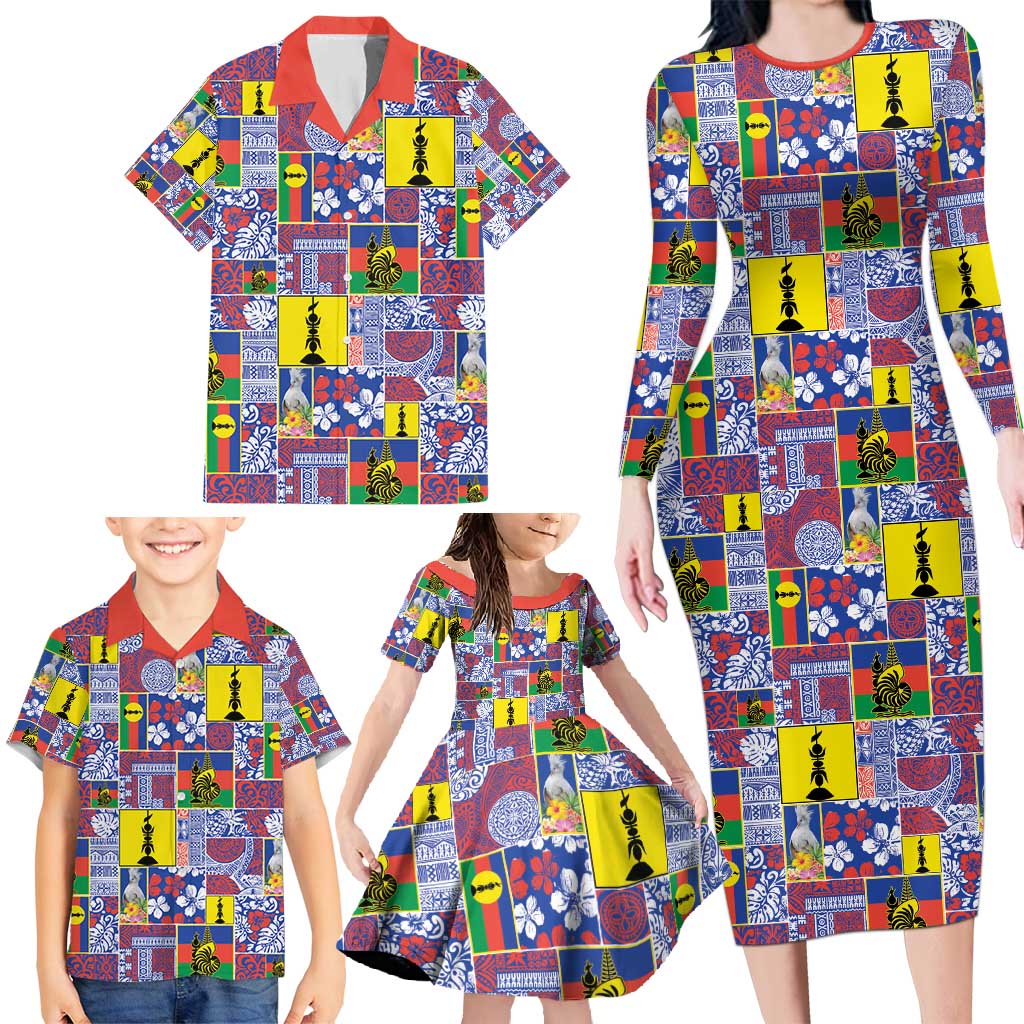 New Caledonia Joyeux Noel Family Matching Long Sleeve Bodycon Dress and Hawaiian Shirt Pacific Patchwork Xmas Vibes - Polynesian Pride