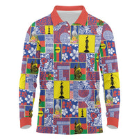 New Caledonia Joyeux Noel Long Sleeve Polo Shirt Pacific Patchwork Xmas Vibes LT9 Blue - Polynesian Pride