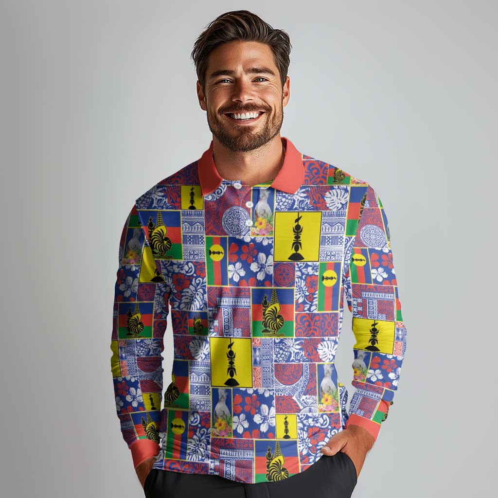 New Caledonia Joyeux Noel Long Sleeve Polo Shirt Pacific Patchwork Xmas Vibes LT9 - Polynesian Pride