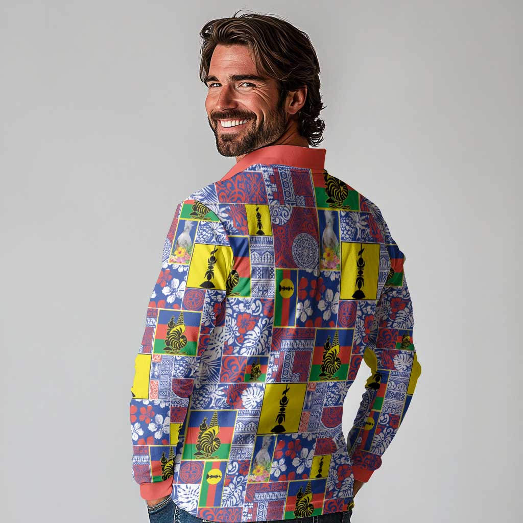 New Caledonia Joyeux Noel Long Sleeve Polo Shirt Pacific Patchwork Xmas Vibes LT9 - Polynesian Pride