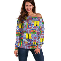 New Caledonia Joyeux Noel Off Shoulder Sweater Pacific Patchwork Xmas Vibes LT9 Women Blue - Polynesian Pride