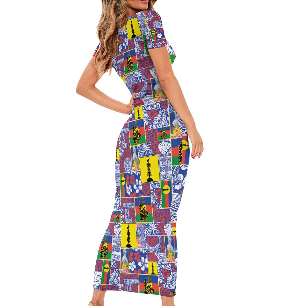 New Caledonia Joyeux Noel Short Sleeve Bodycon Dress Pacific Patchwork Xmas Vibes - Polynesian Pride