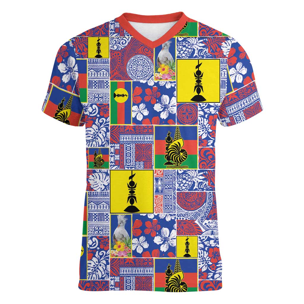 New Caledonia Joyeux Noel Women V-Neck T-Shirt Pacific Patchwork Xmas Vibes LT9 Female Blue - Polynesian Pride