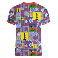 New Caledonia Joyeux Noel Women V-Neck T-Shirt Pacific Patchwork Xmas Vibes LT9 - Polynesian Pride