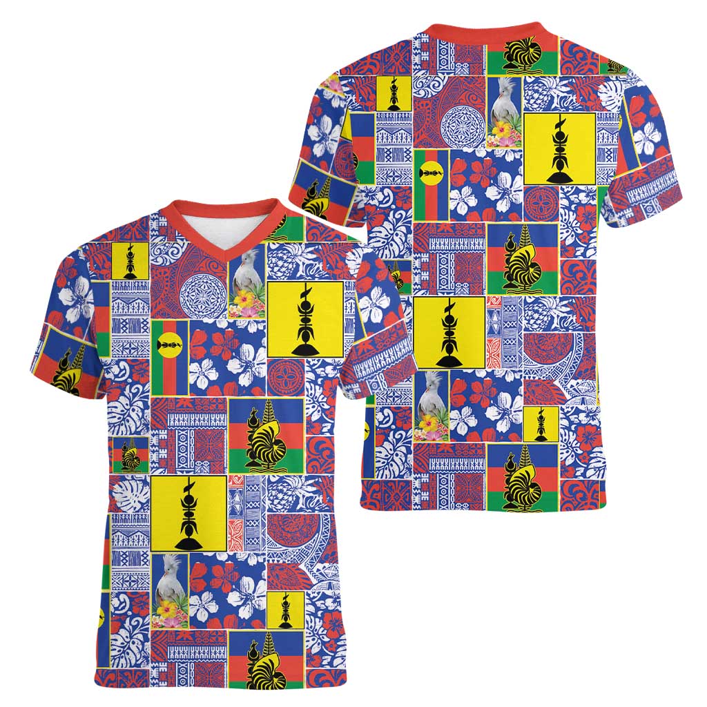 New Caledonia Joyeux Noel Women V-Neck T-Shirt Pacific Patchwork Xmas Vibes LT9 - Polynesian Pride
