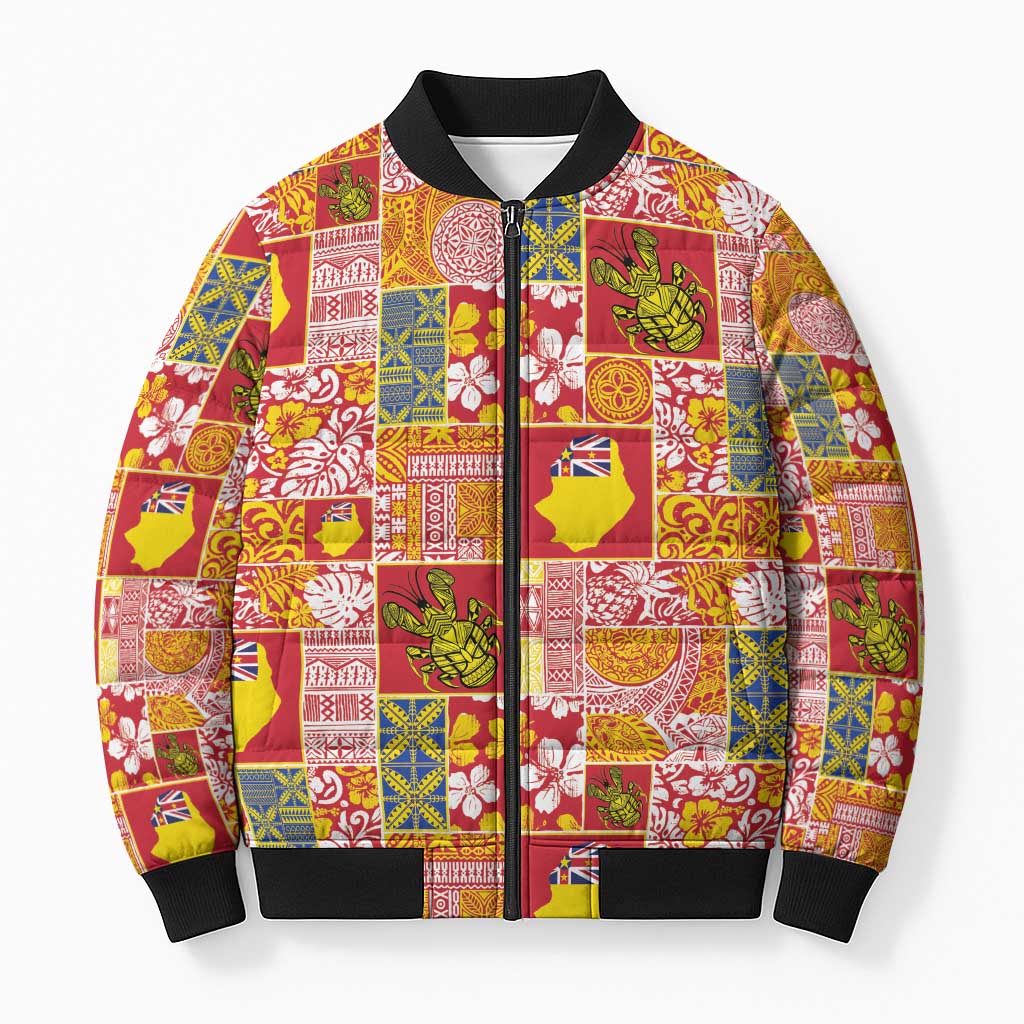 Niue Monuina e Kilisimasi Bomber Puffer Jacket Pacific Patchwork Xmas Vibes - Polynesian Pride