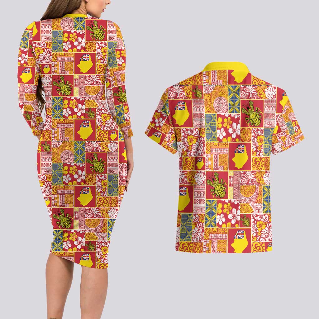 Niue Monuina e Kilisimasi Couples Matching Long Sleeve Bodycon Dress and Hawaiian Shirt Pacific Patchwork Xmas Vibes - Polynesian Pride