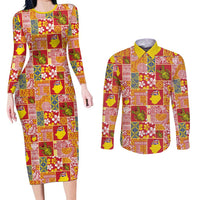 Niue Monuina e Kilisimasi Couples Matching Long Sleeve Bodycon Dress and Long Sleeve Button Shirt Pacific Patchwork Xmas Vibes - Polynesian Pride