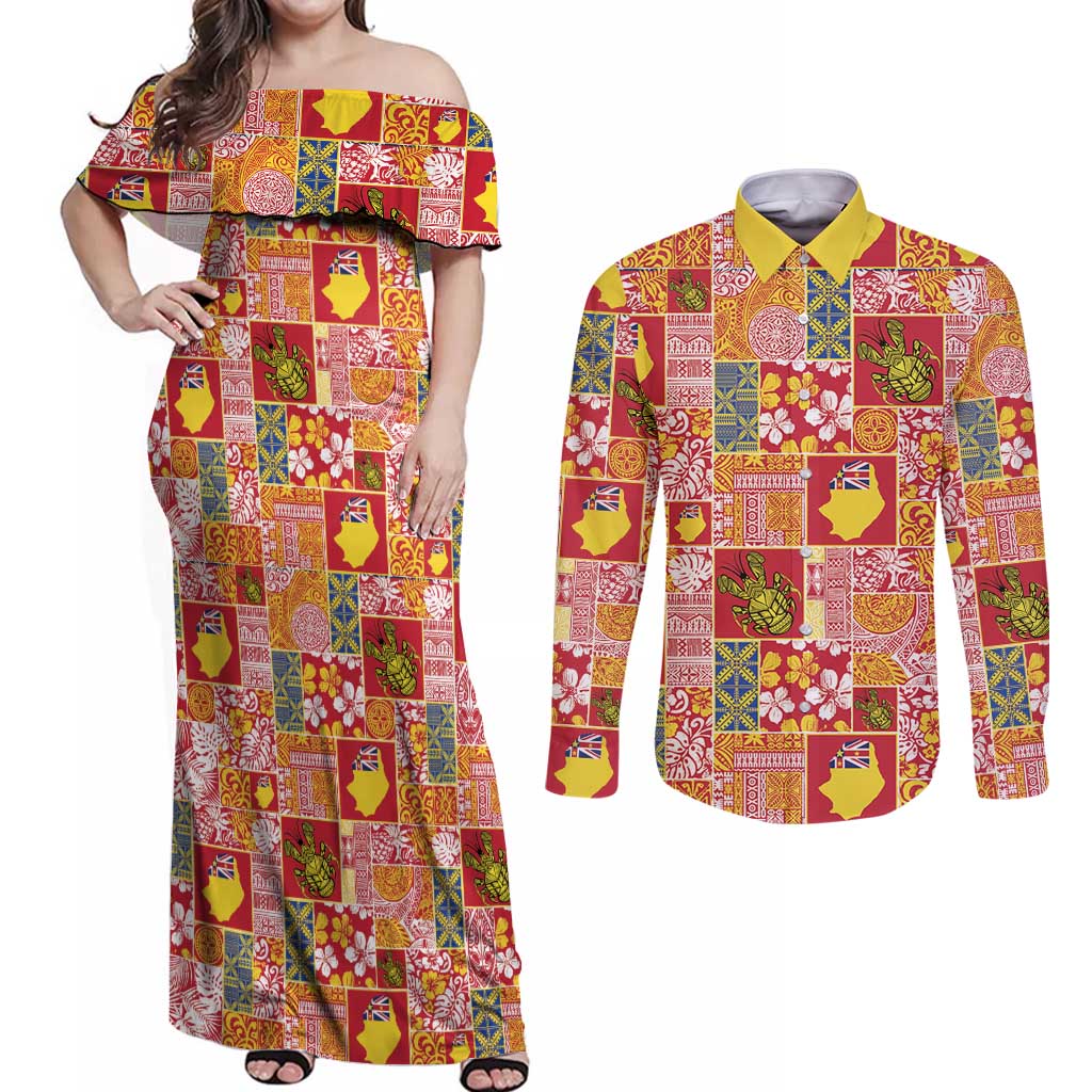 Niue Monuina e Kilisimasi Couples Matching Off Shoulder Maxi Dress and Long Sleeve Button Shirt Pacific Patchwork Xmas Vibes - Polynesian Pride