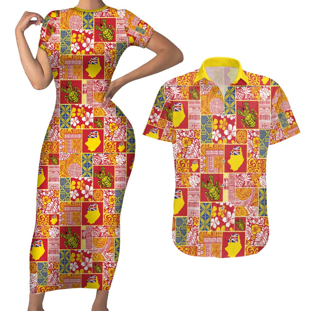 Niue Monuina e Kilisimasi Couples Matching Short Sleeve Bodycon Dress and Hawaiian Shirt Pacific Patchwork Xmas Vibes - Polynesian Pride