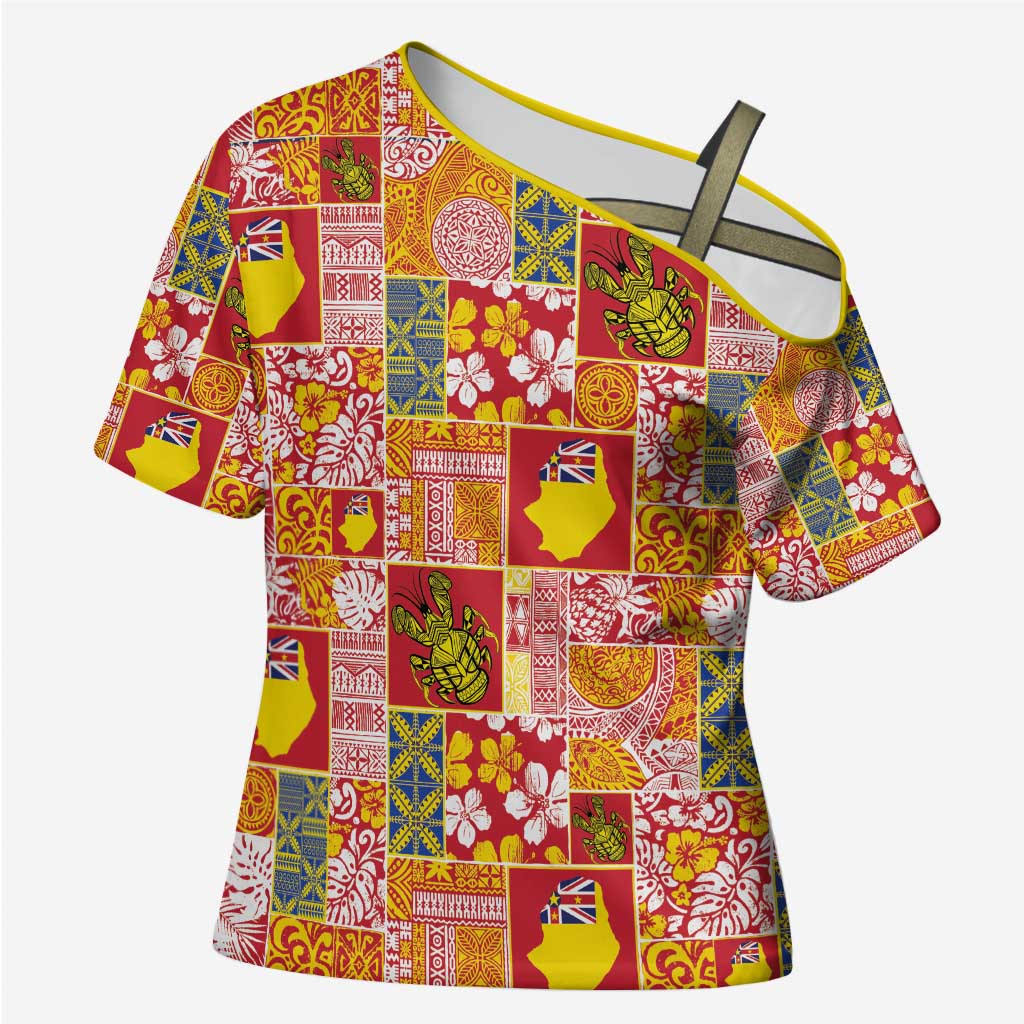 Niue Monuina e Kilisimasi Cross Shoulder Shirt Pacific Patchwork Xmas Vibes - Polynesian Pride
