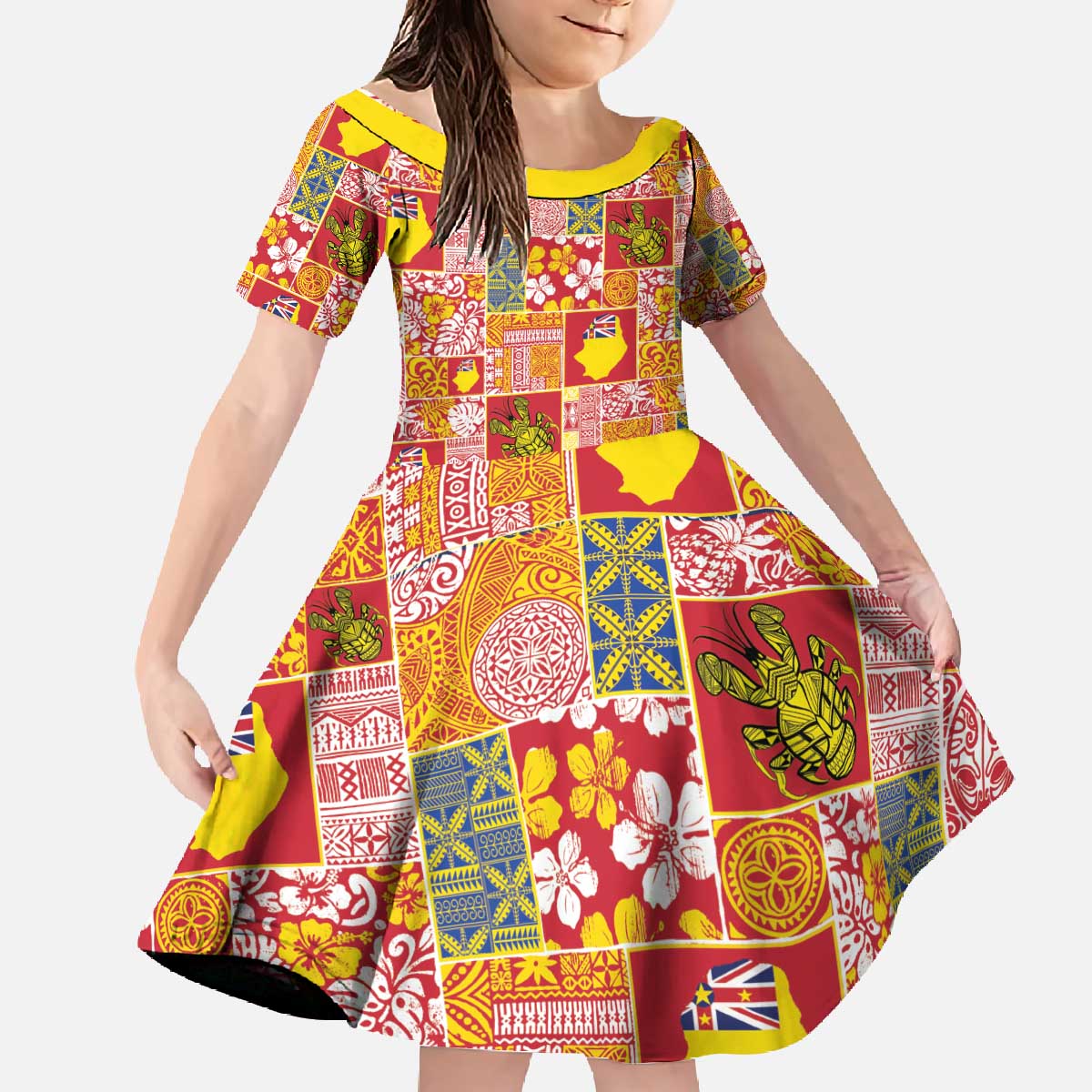 Niue Monuina e Kilisimasi Family Matching Off The Shoulder Long Sleeve Dress and Hawaiian Shirt Pacific Patchwork Xmas Vibes - Polynesian Pride