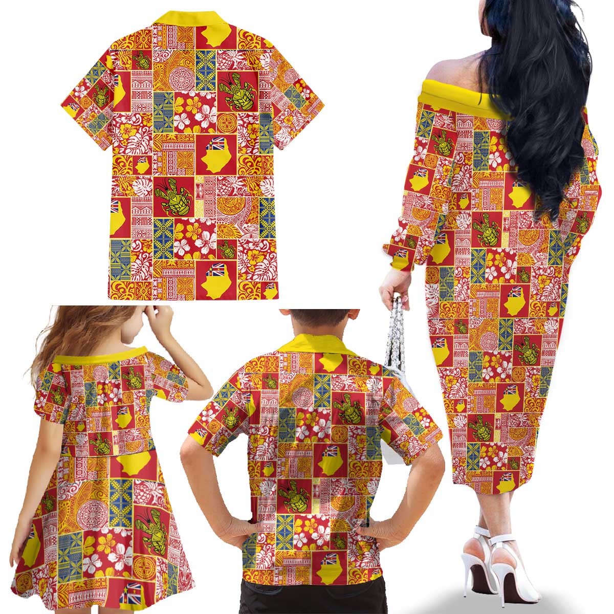 Niue Monuina e Kilisimasi Family Matching Off The Shoulder Long Sleeve Dress and Hawaiian Shirt Pacific Patchwork Xmas Vibes - Polynesian Pride