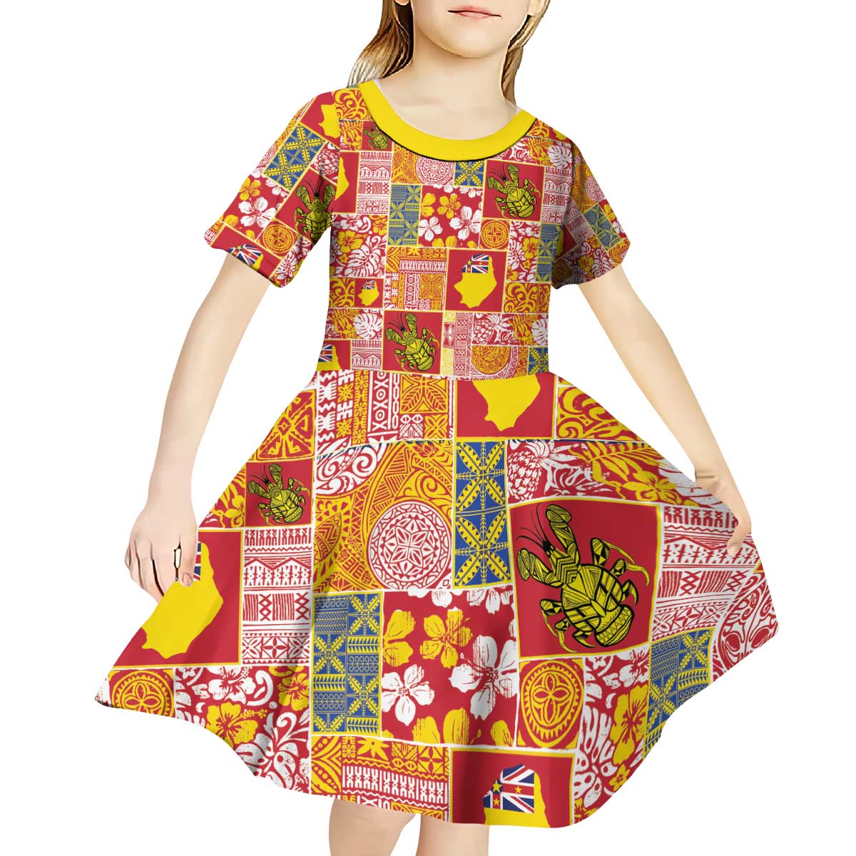 Niue Monuina e Kilisimasi Kid Short Sleeve Dress Pacific Patchwork Xmas Vibes - Polynesian Pride