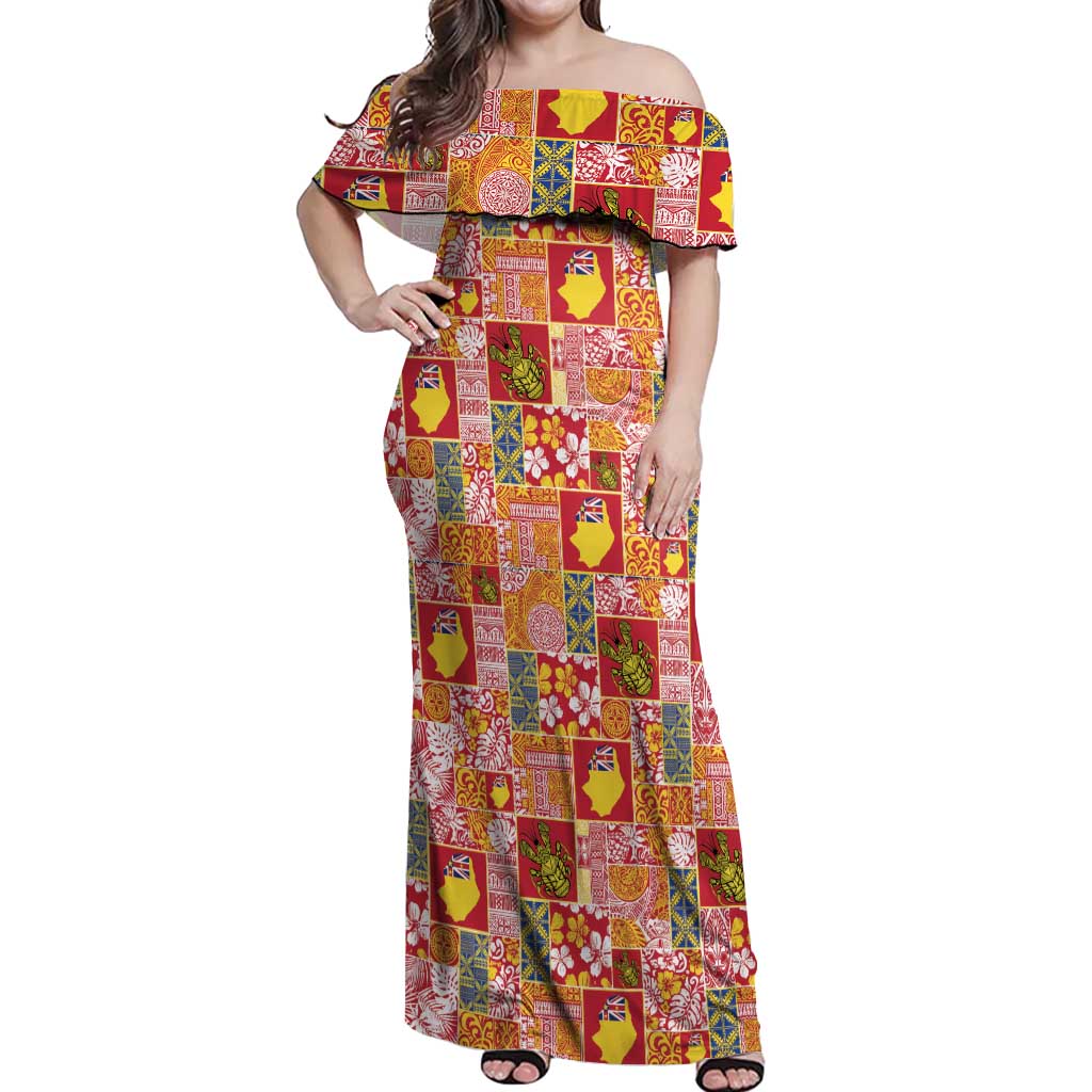 Niue Monuina e Kilisimasi Off Shoulder Maxi Dress Pacific Patchwork Xmas Vibes - Polynesian Pride