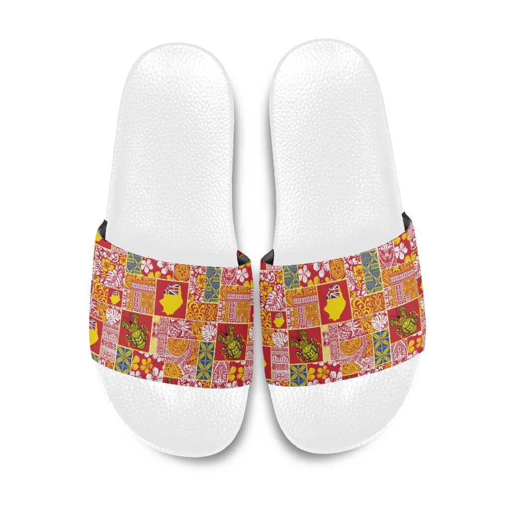 Niue Monuina e Kilisimasi Slide Sandals Pacific Patchwork Xmas Vibes - Polynesian Pride