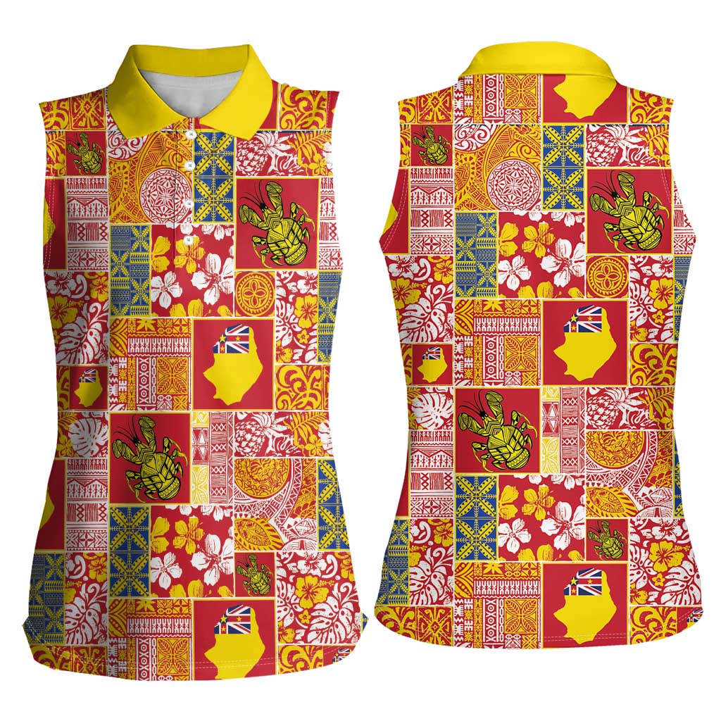 Niue Monuina e Kilisimasi Women Sleeveless Polo Shirt Pacific Patchwork Xmas Vibes - Polynesian Pride