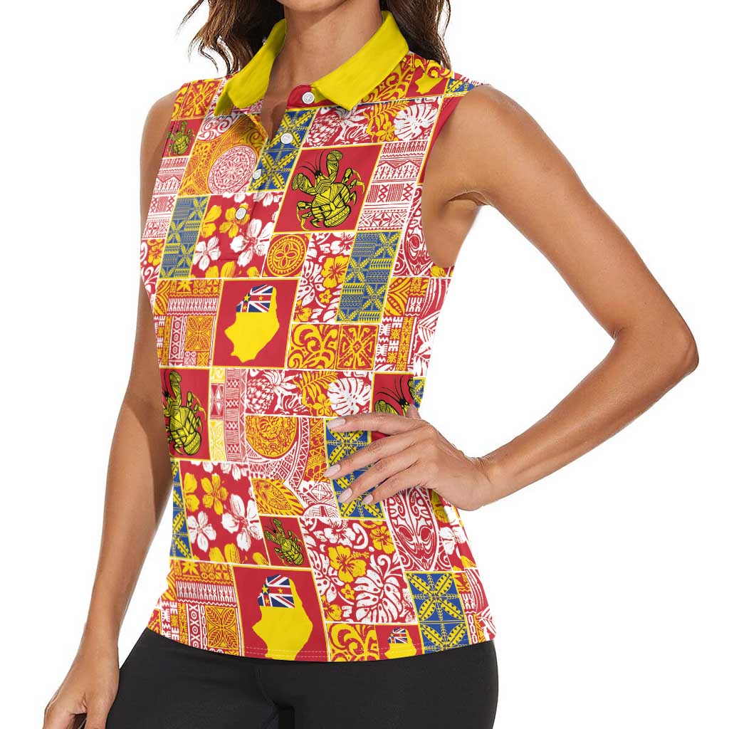 Niue Monuina e Kilisimasi Women Sleeveless Polo Shirt Pacific Patchwork Xmas Vibes - Polynesian Pride