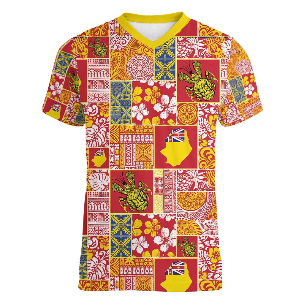 Niue Monuina e Kilisimasi Women V-Neck T-Shirt Pacific Patchwork Xmas Vibes - Polynesian Pride
