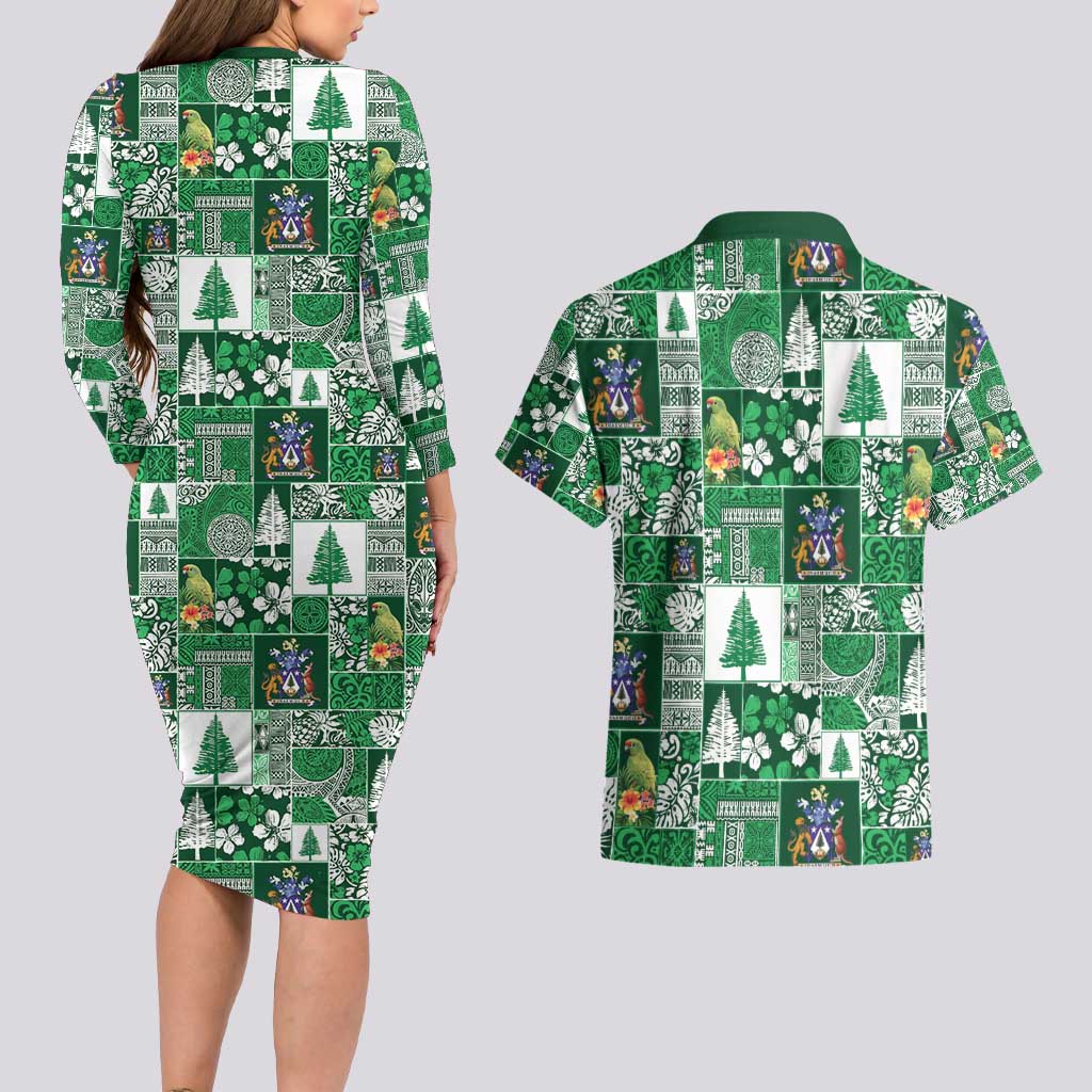 Norfolk Island Meri Krismas Couples Matching Long Sleeve Bodycon Dress and Hawaiian Shirt Pacific Patchwork Xmas Vibes - Polynesian Pride
