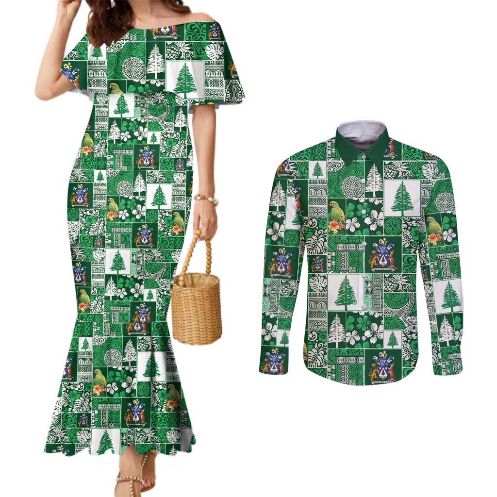 Norfolk Island Meri Krismas Couples Matching Mermaid Dress and Long Sleeve Button Shirt Pacific Patchwork Xmas Vibes - Polynesian Pride