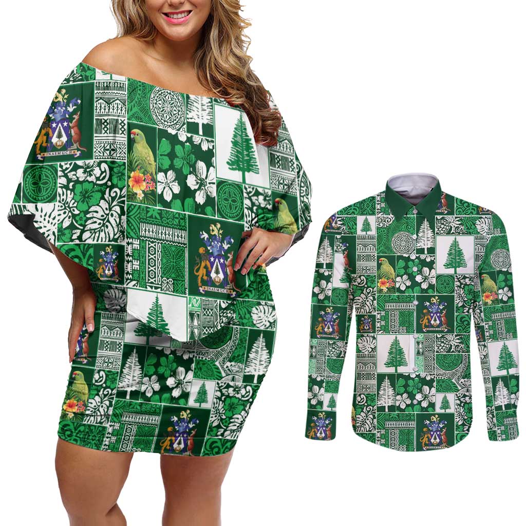 Norfolk Island Meri Krismas Couples Matching Off Shoulder Short Dress and Long Sleeve Button Shirt Pacific Patchwork Xmas Vibes - Polynesian Pride