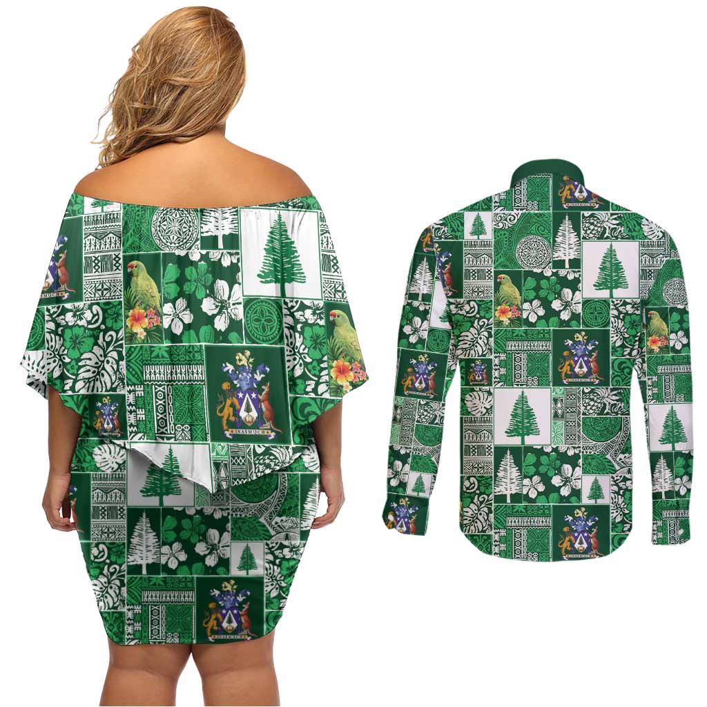 Norfolk Island Meri Krismas Couples Matching Off Shoulder Short Dress and Long Sleeve Button Shirt Pacific Patchwork Xmas Vibes - Polynesian Pride
