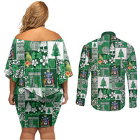 Norfolk Island Meri Krismas Couples Matching Off Shoulder Short Dress and Long Sleeve Button Shirt Pacific Patchwork Xmas Vibes - Polynesian Pride
