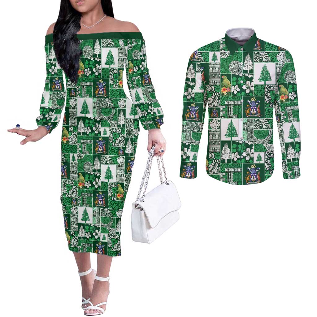 Norfolk Island Meri Krismas Couples Matching Off The Shoulder Long Sleeve Dress and Long Sleeve Button Shirt Pacific Patchwork Xmas Vibes - Polynesian Pride