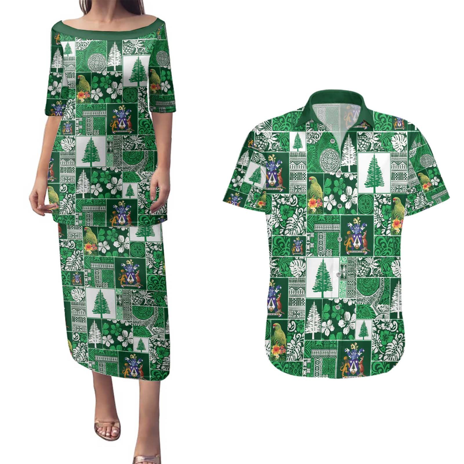Norfolk Island Meri Krismas Couples Matching Puletasi and Hawaiian Shirt Pacific Patchwork Xmas Vibes - Polynesian Pride