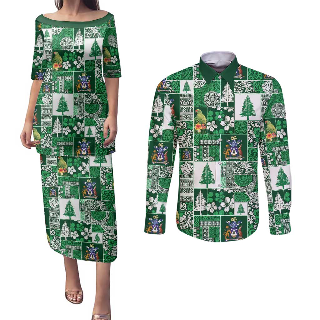 Norfolk Island Meri Krismas Couples Matching Puletasi and Long Sleeve Button Shirt Pacific Patchwork Xmas Vibes - Polynesian Pride
